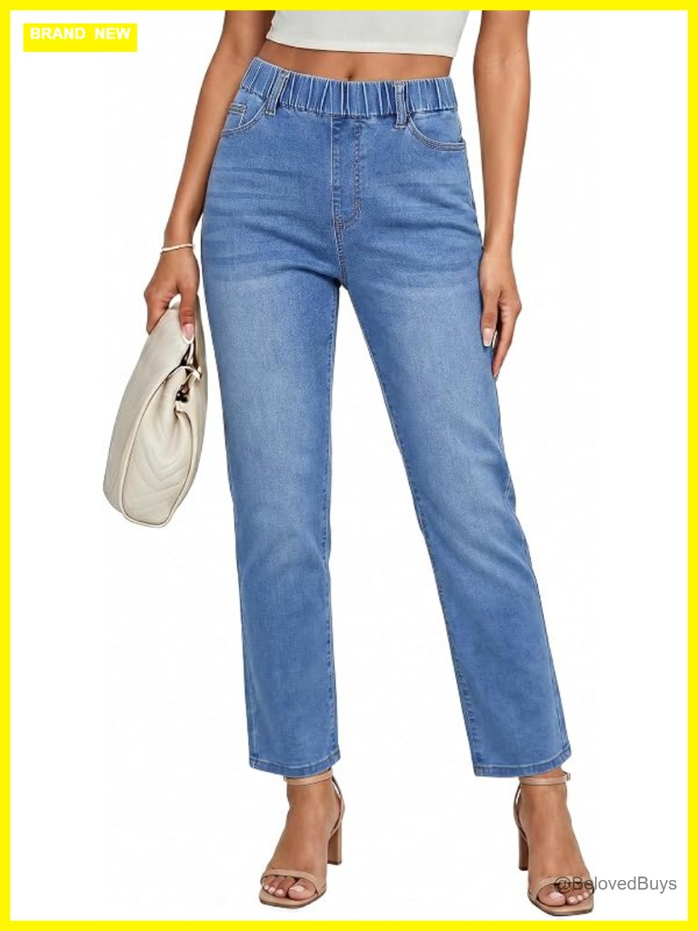 Straight Leg Pull On High Waisted Cropped Stretchy Denim Ankle Jeans